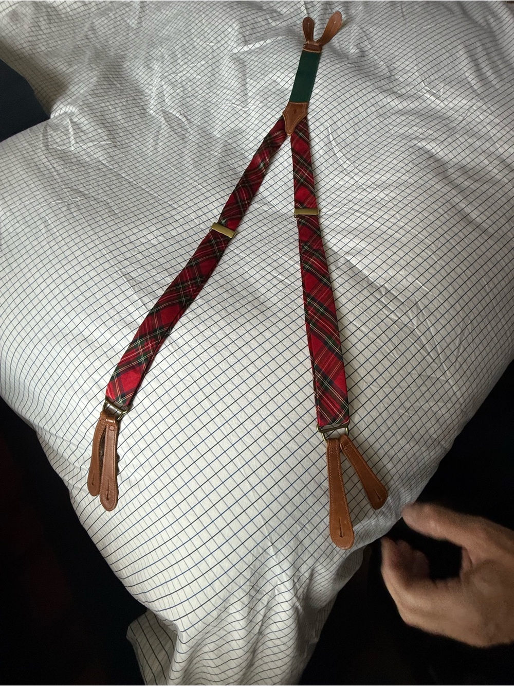 Polo Ralph Lauren Vintage Red Tartan Silk Suspenders with Brown Leather tabs